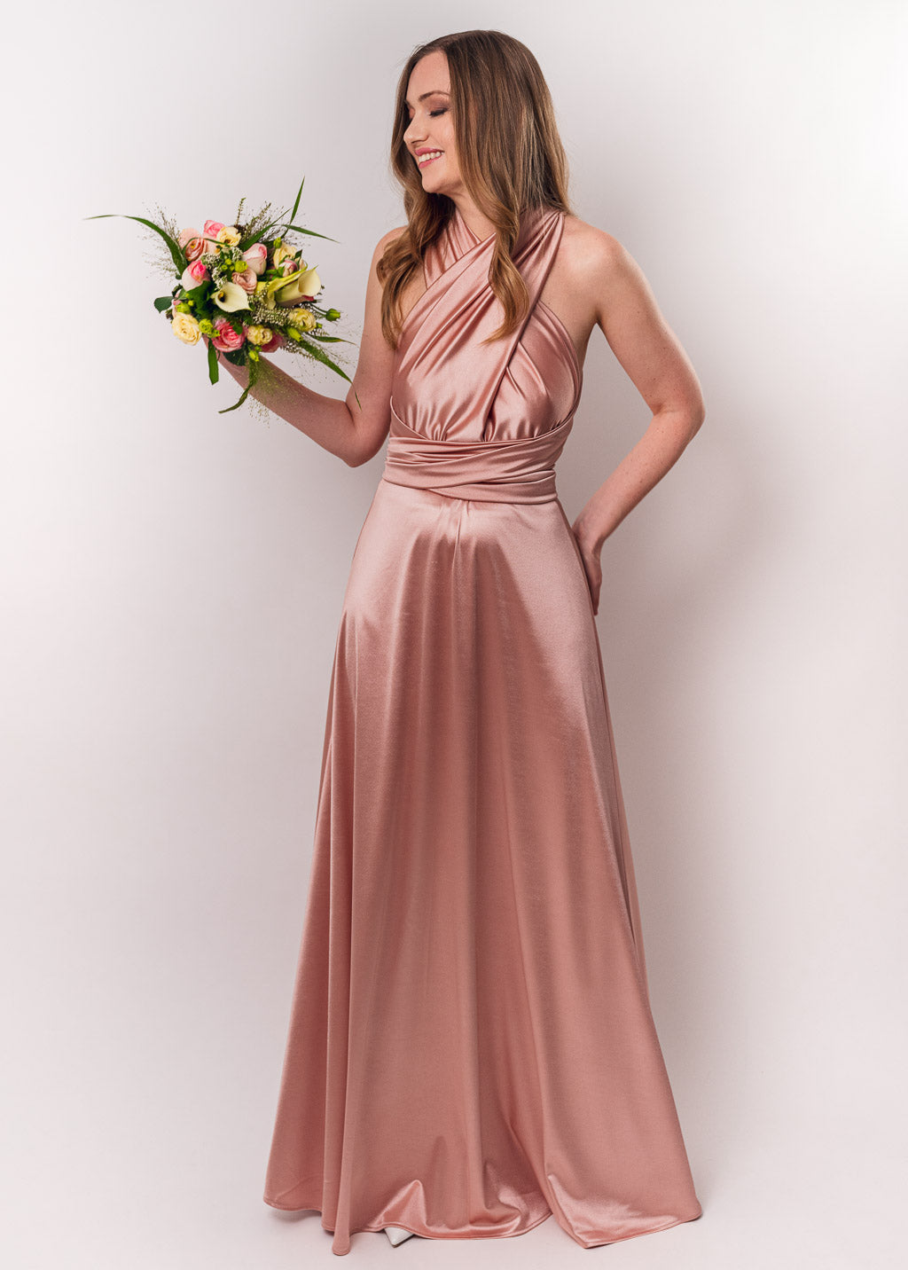 Blush pink luxury satin infinity dress or jumpsuit