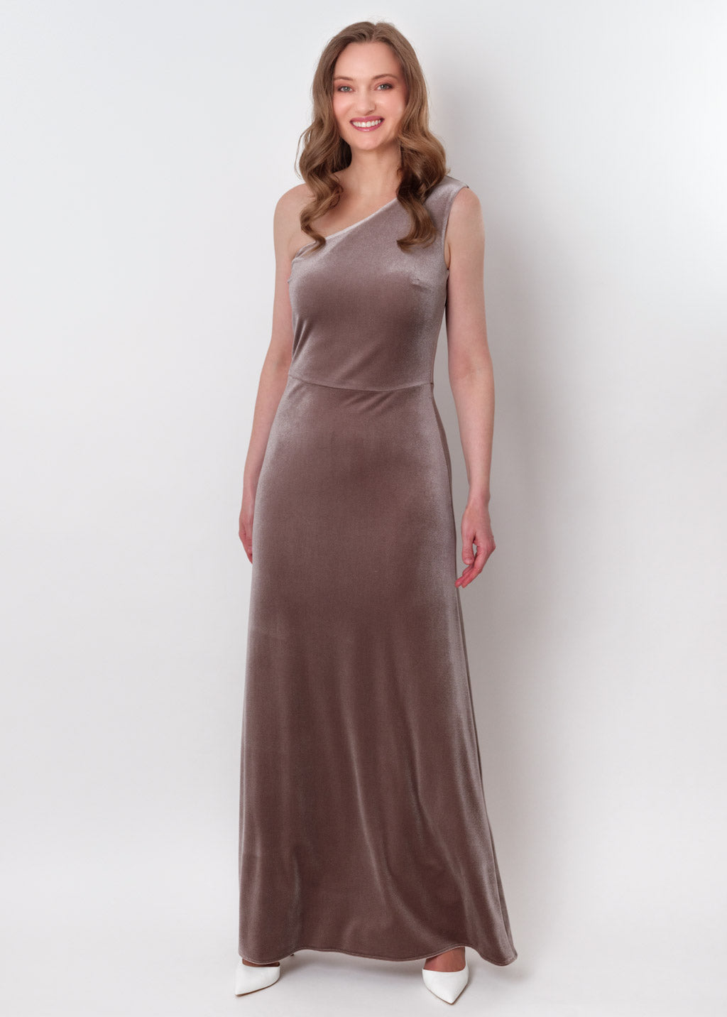 Taupe velvet one shoulder dress