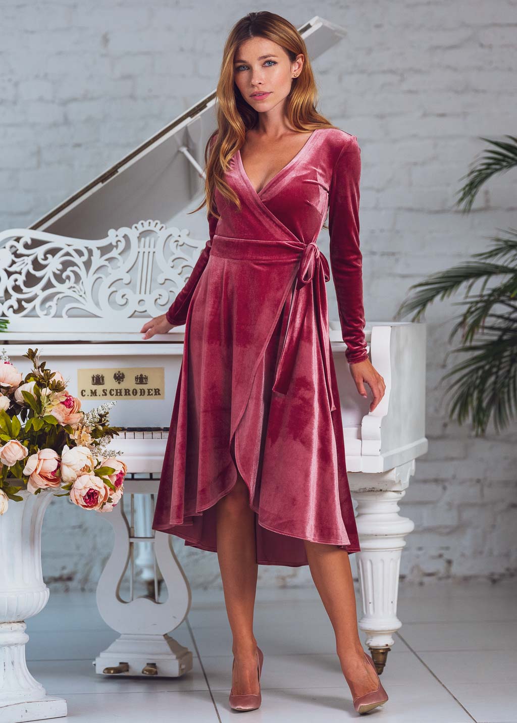 Dusty rose wrap velvet dress