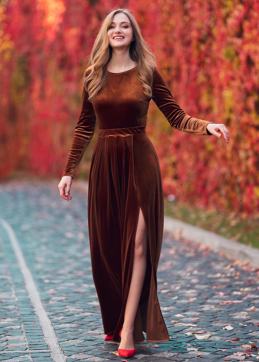Rust gold velvet slit dress