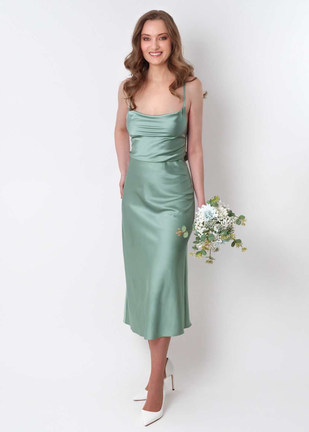 Sage green silk slip dress
