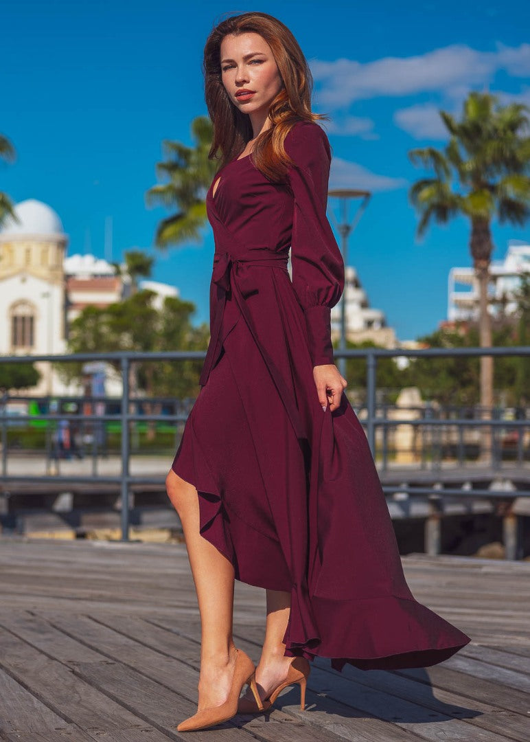 Dark burgundy long wrap dress