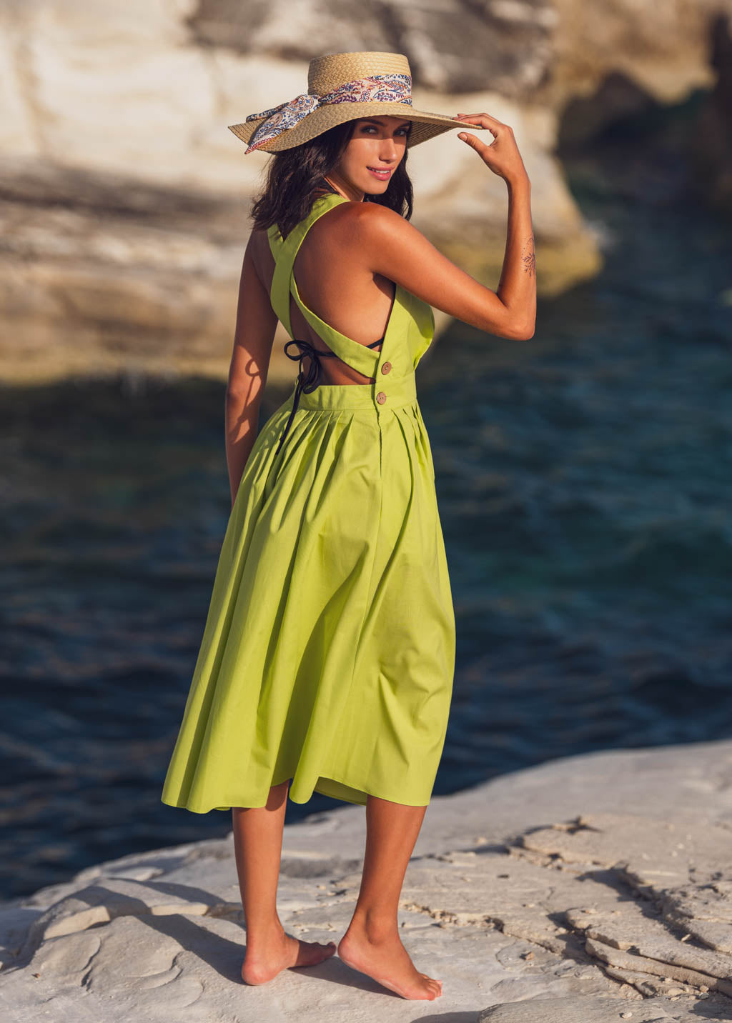 Lime green organic cotton cross-back dress