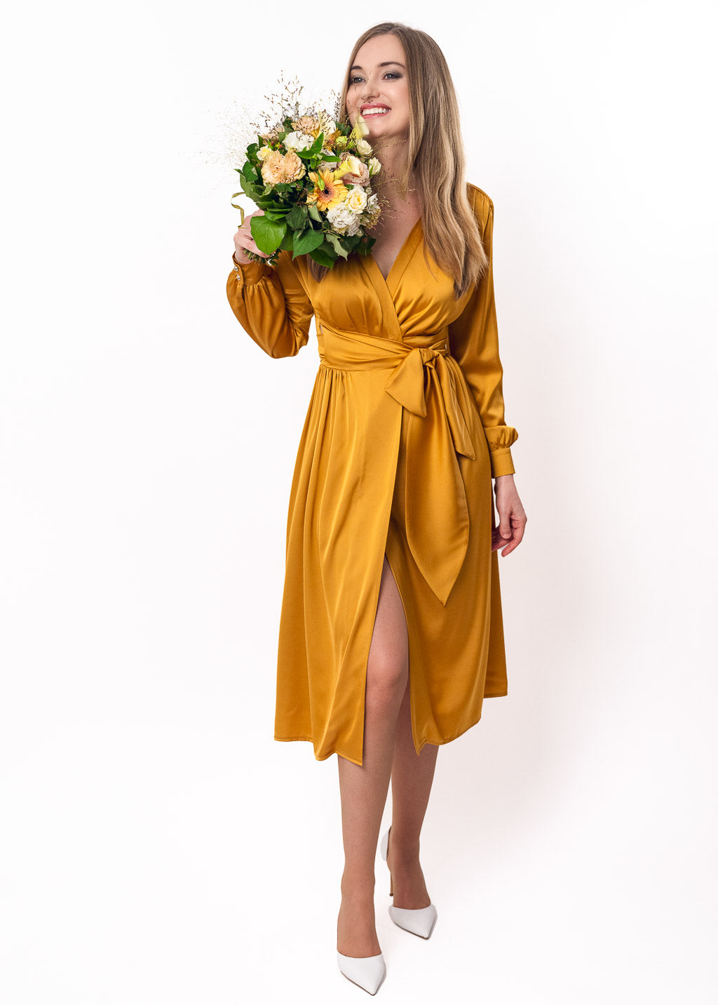 Gold wrap silk dress