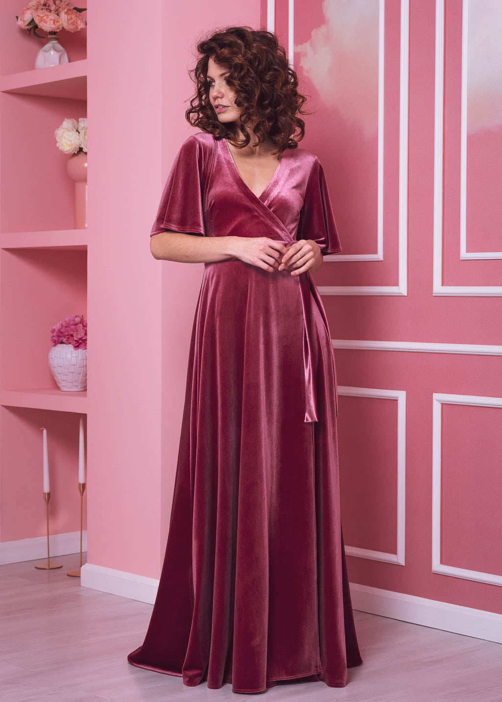 Dusty rose elegant long wrap dress