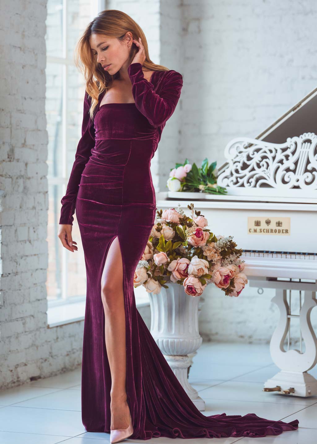 Plum burgundy maxi velvet mermaid train dress & bolero