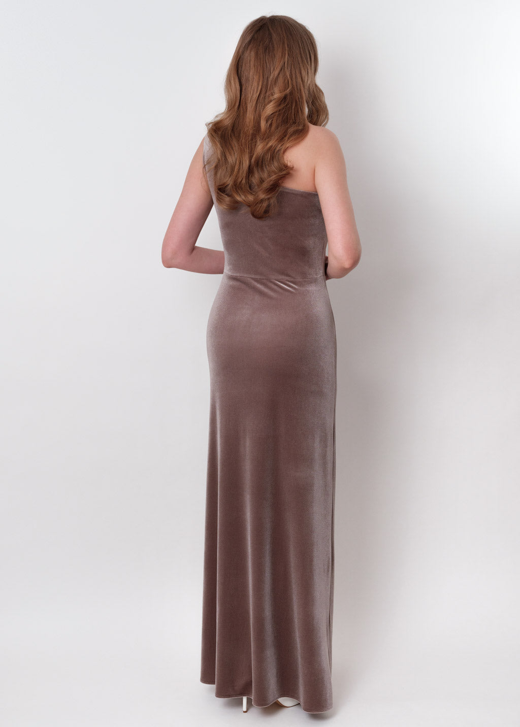 Taupe velvet one shoulder dress
