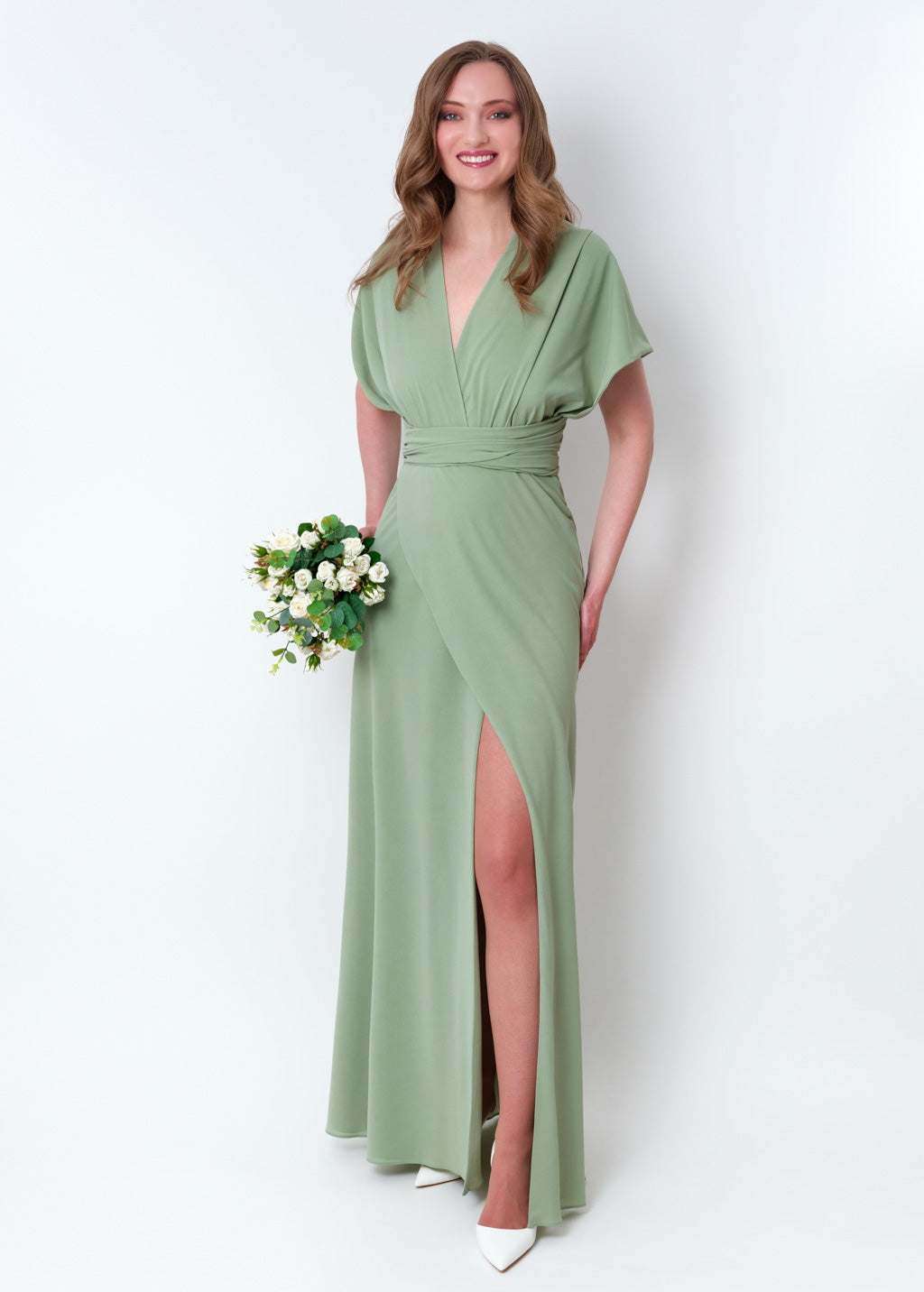 Sage green chiffon infinity slit dress