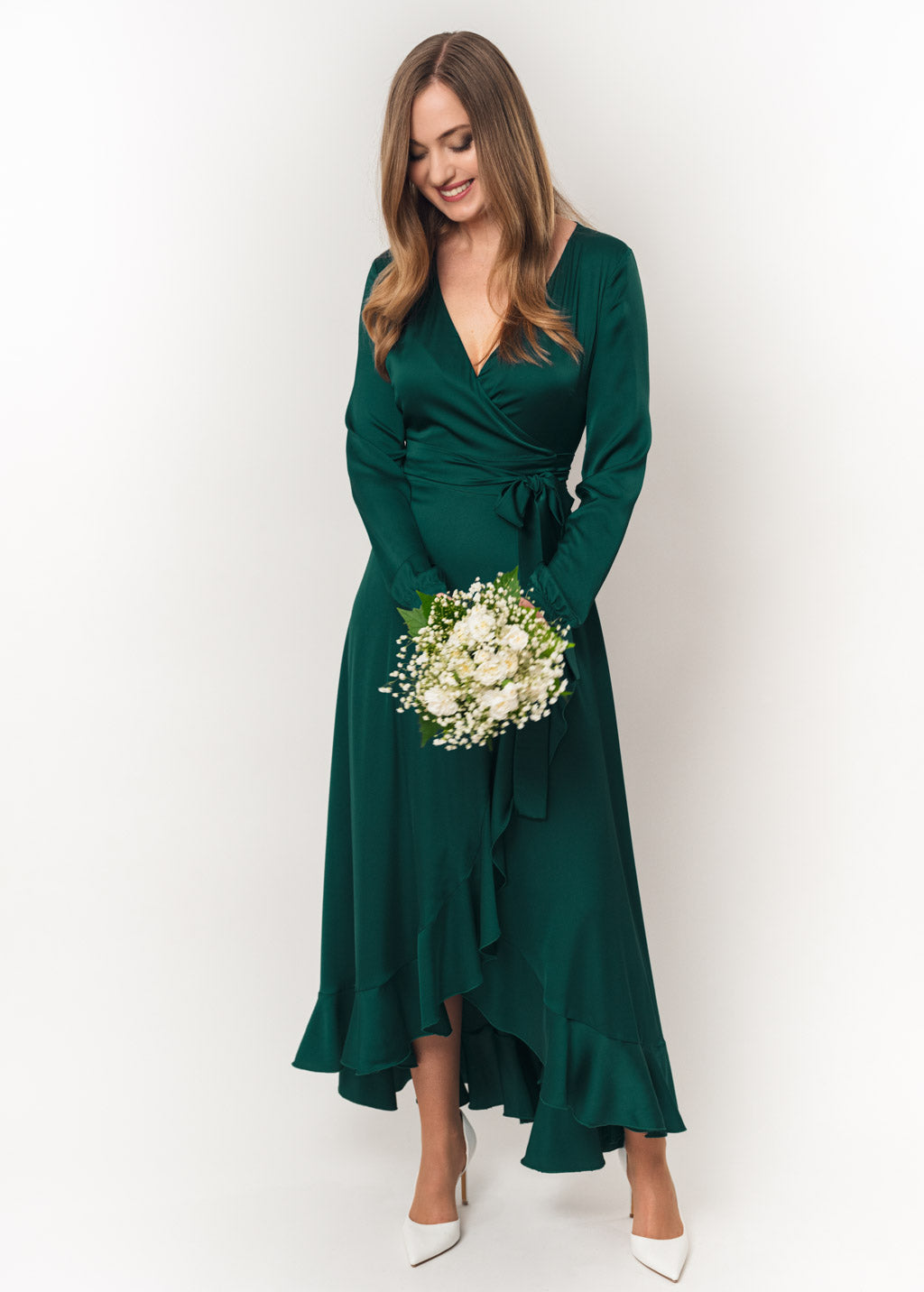 Dark green long wrap silk dress