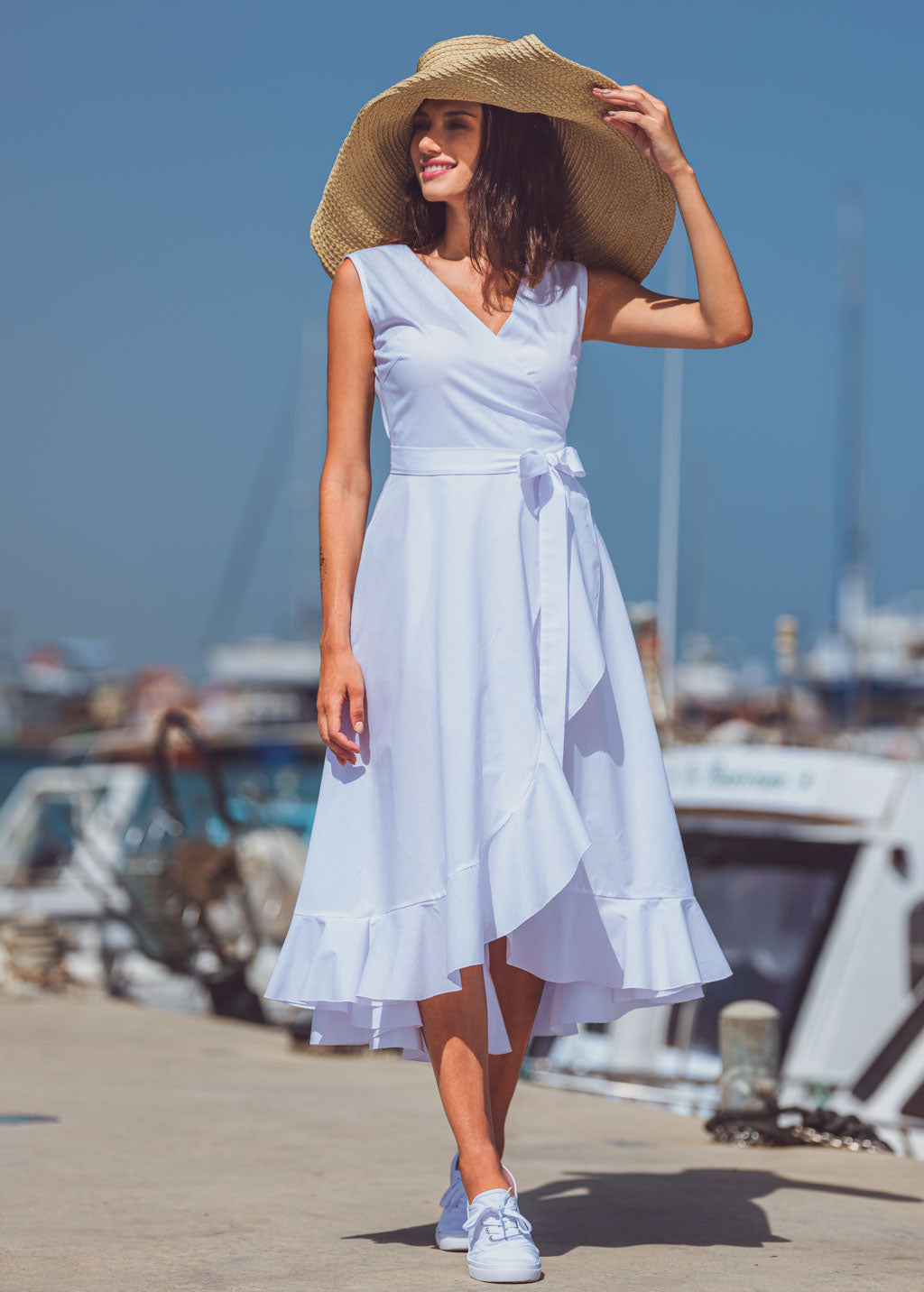 White organic cotton midi wrap dress