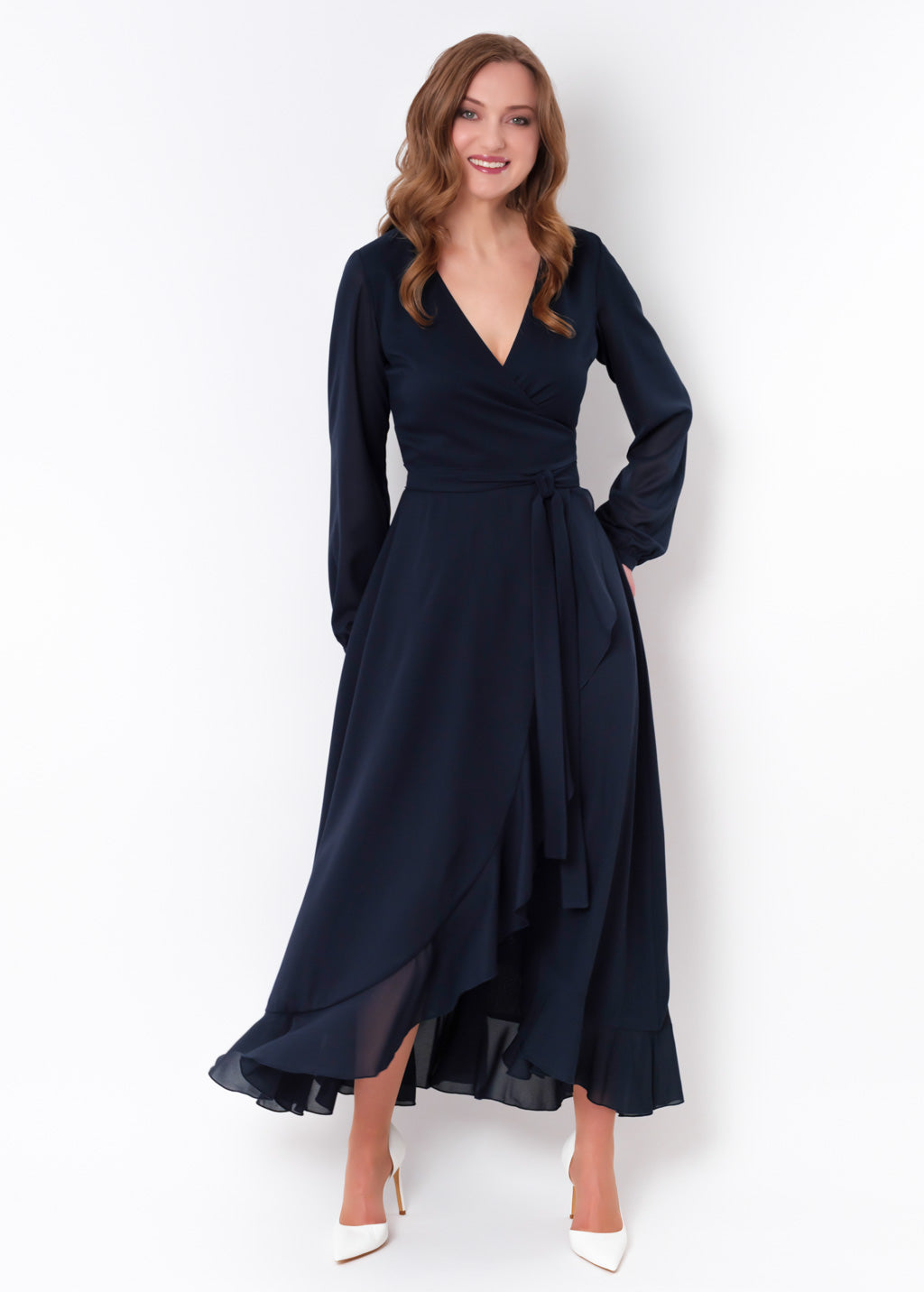 Navy blue chiffon wrap dress