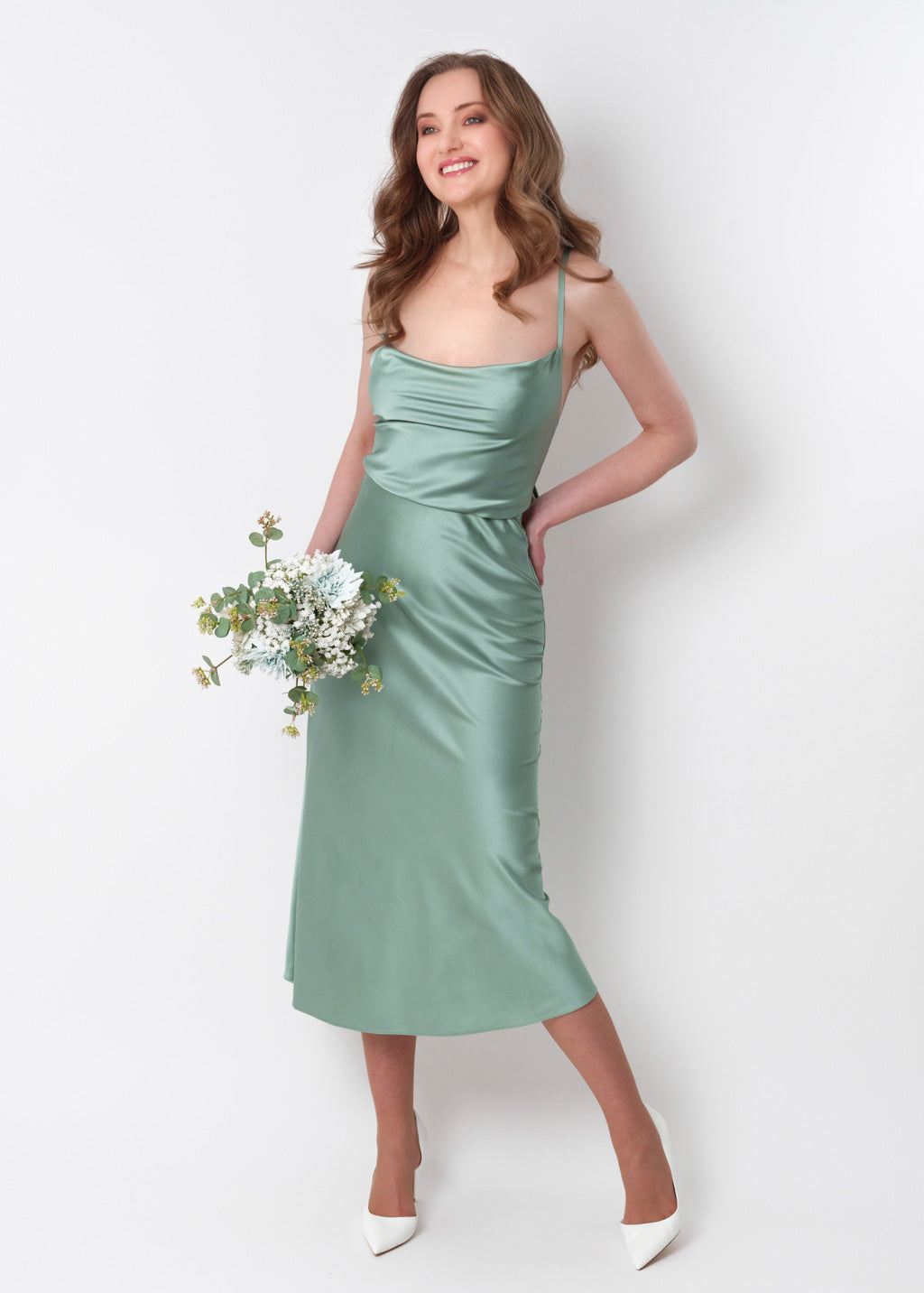 Sage green silk slip dress