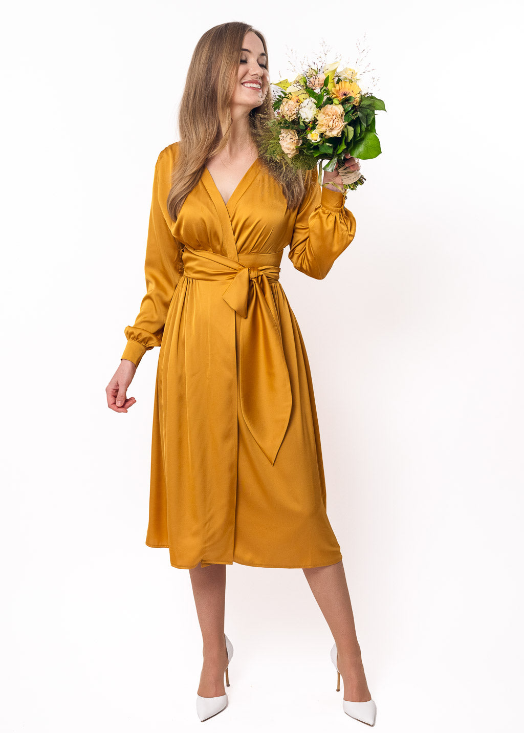 Gold wrap silk dress