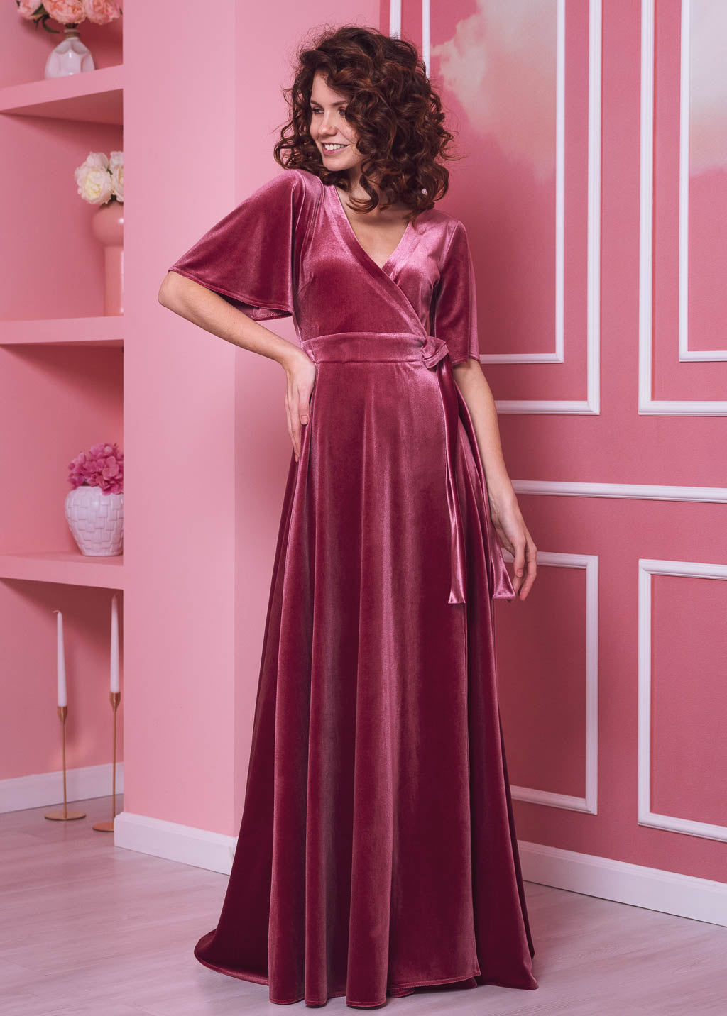 Dusty rose elegant long wrap dress