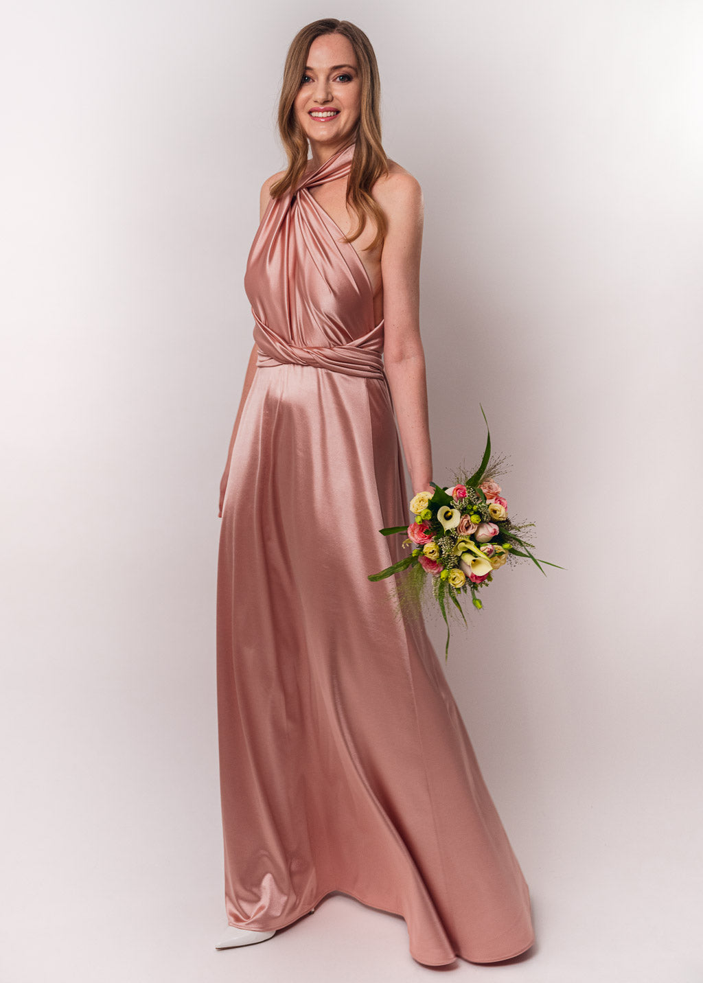 Blush pink luxury satin infinity dress or jumpsuit