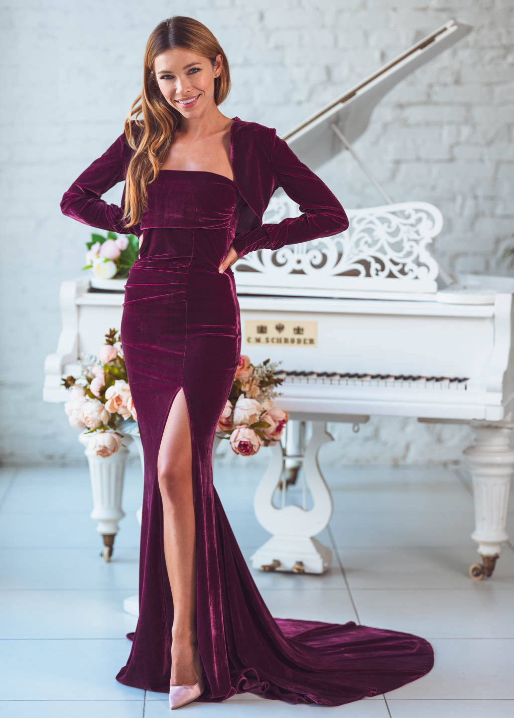 Plum burgundy maxi velvet mermaid train dress & bolero