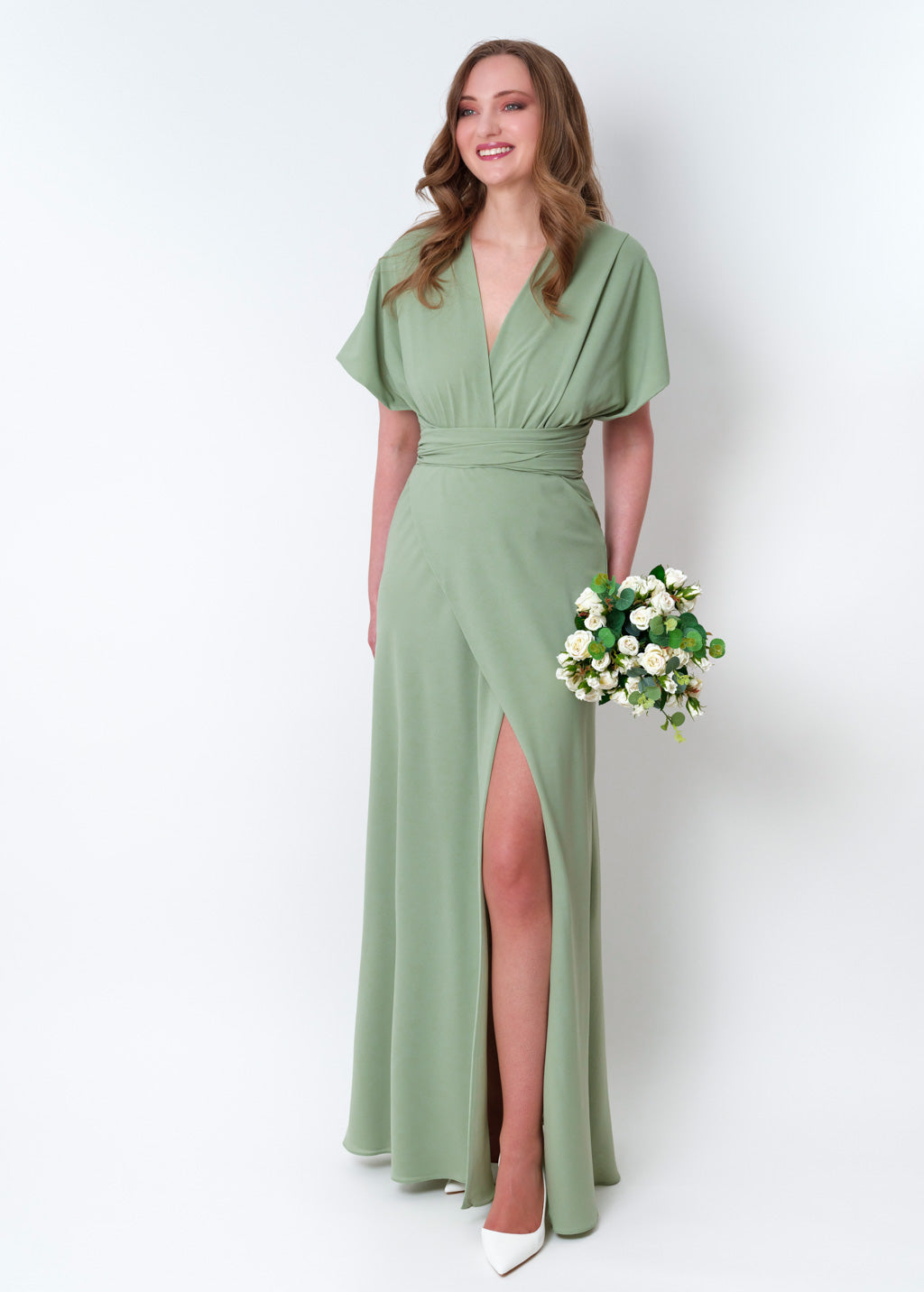 Sage green chiffon infinity slit dress