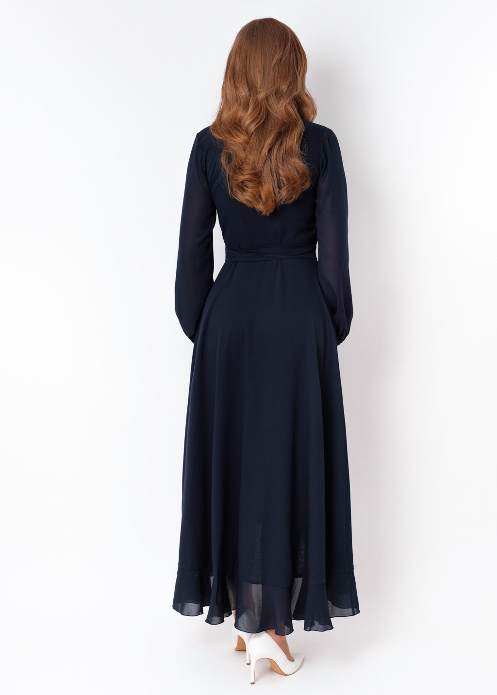 Navy blue chiffon wrap dress