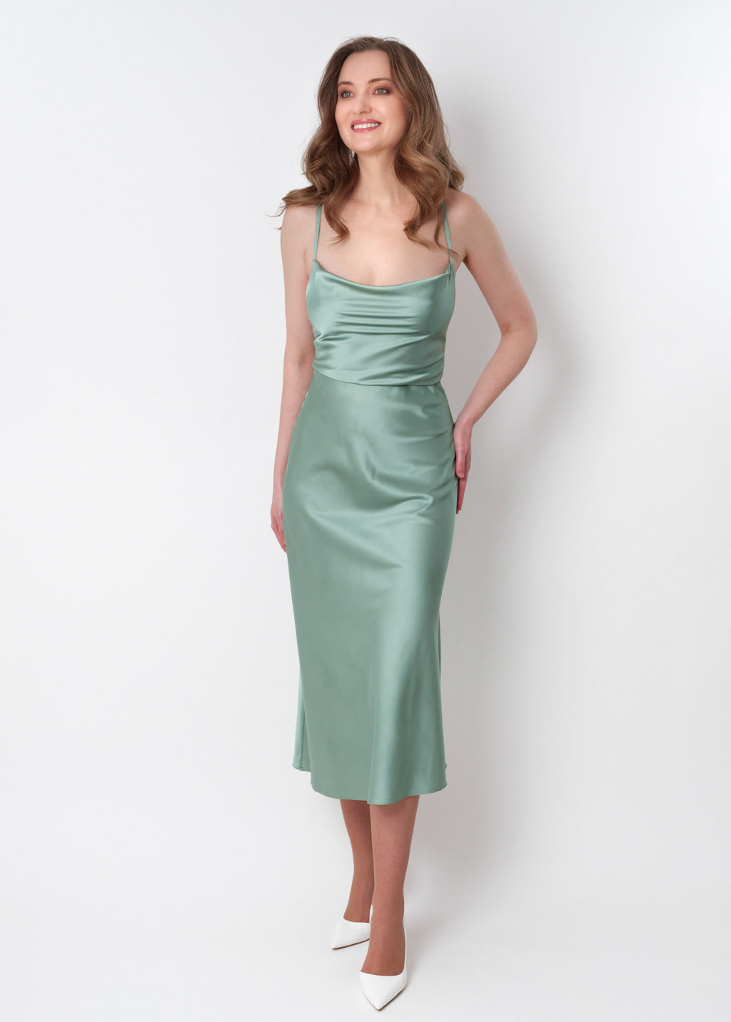 Sage green silk slip dress