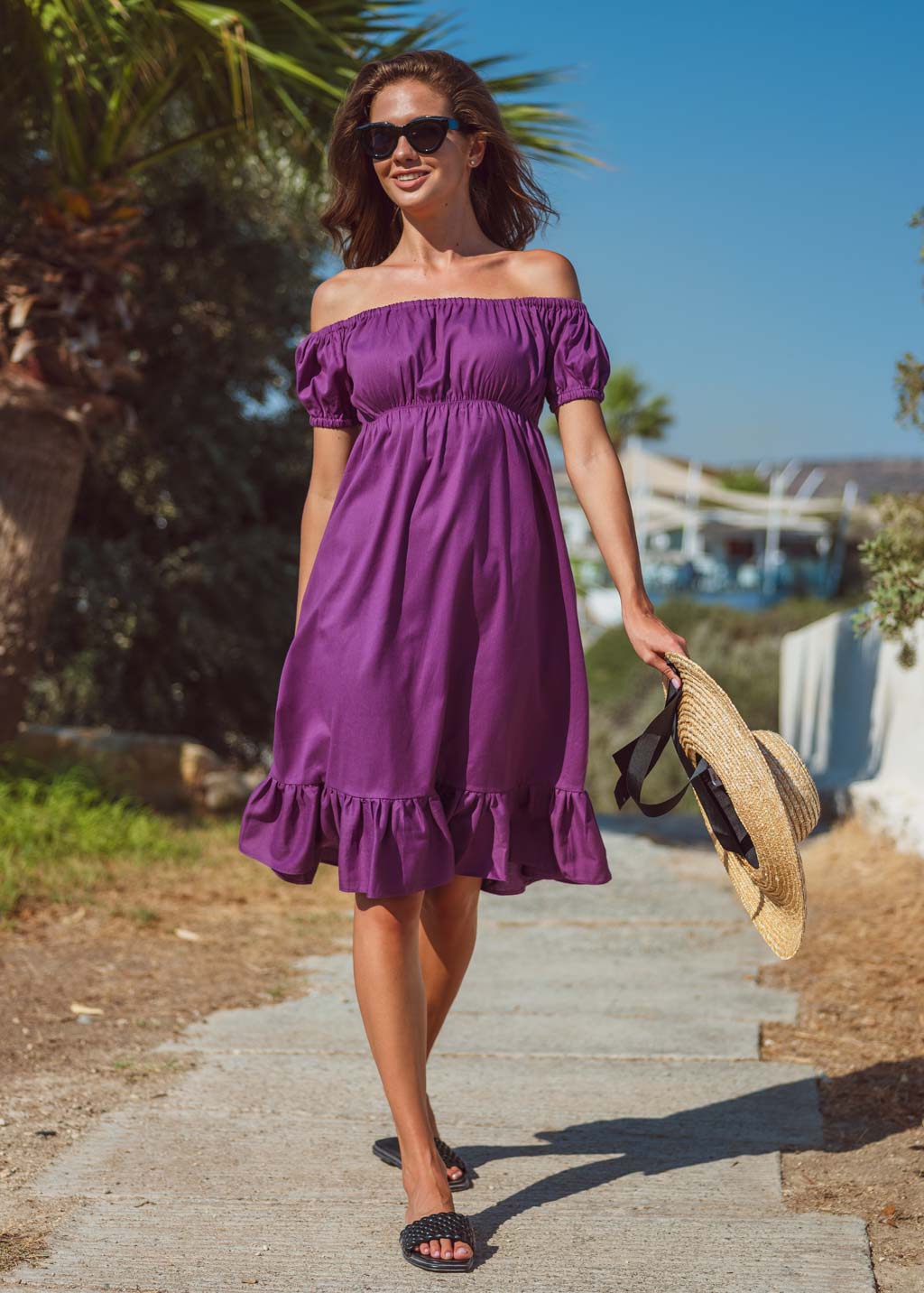 Purple organic linen off shoulder midi dress