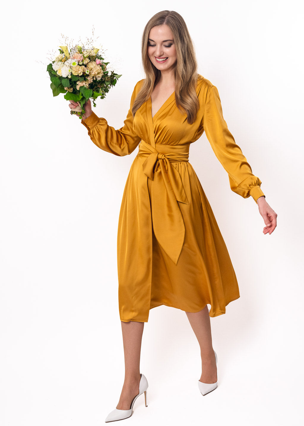 Gold wrap silk dress
