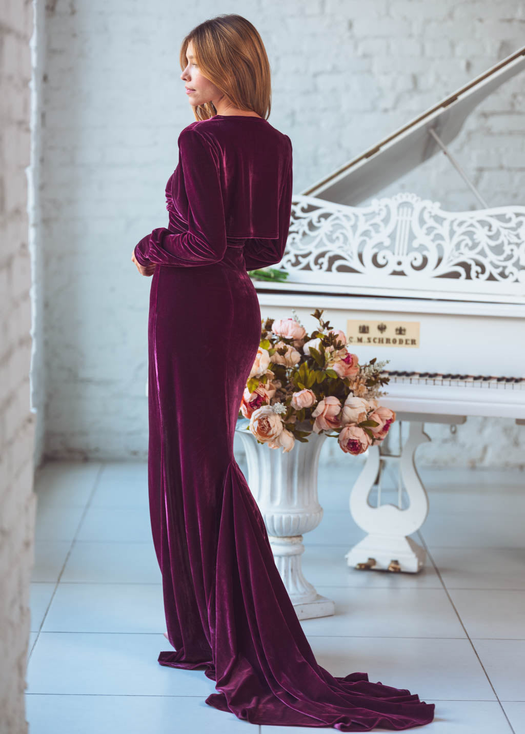 Plum burgundy maxi velvet mermaid train dress & bolero