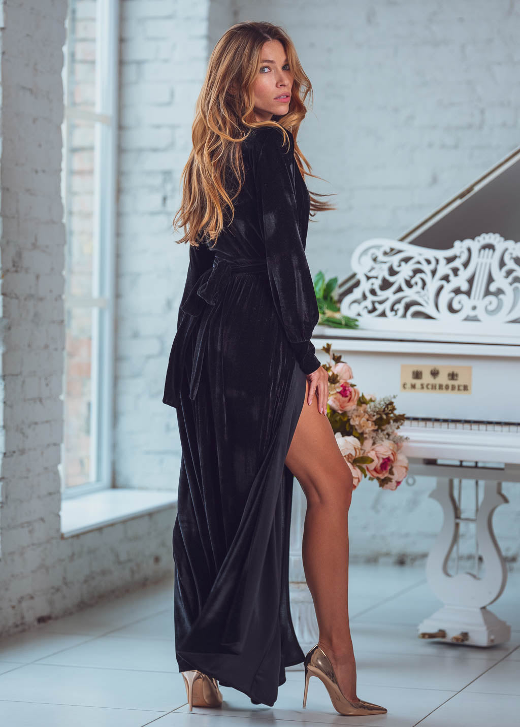 Black long wrap velvet robe