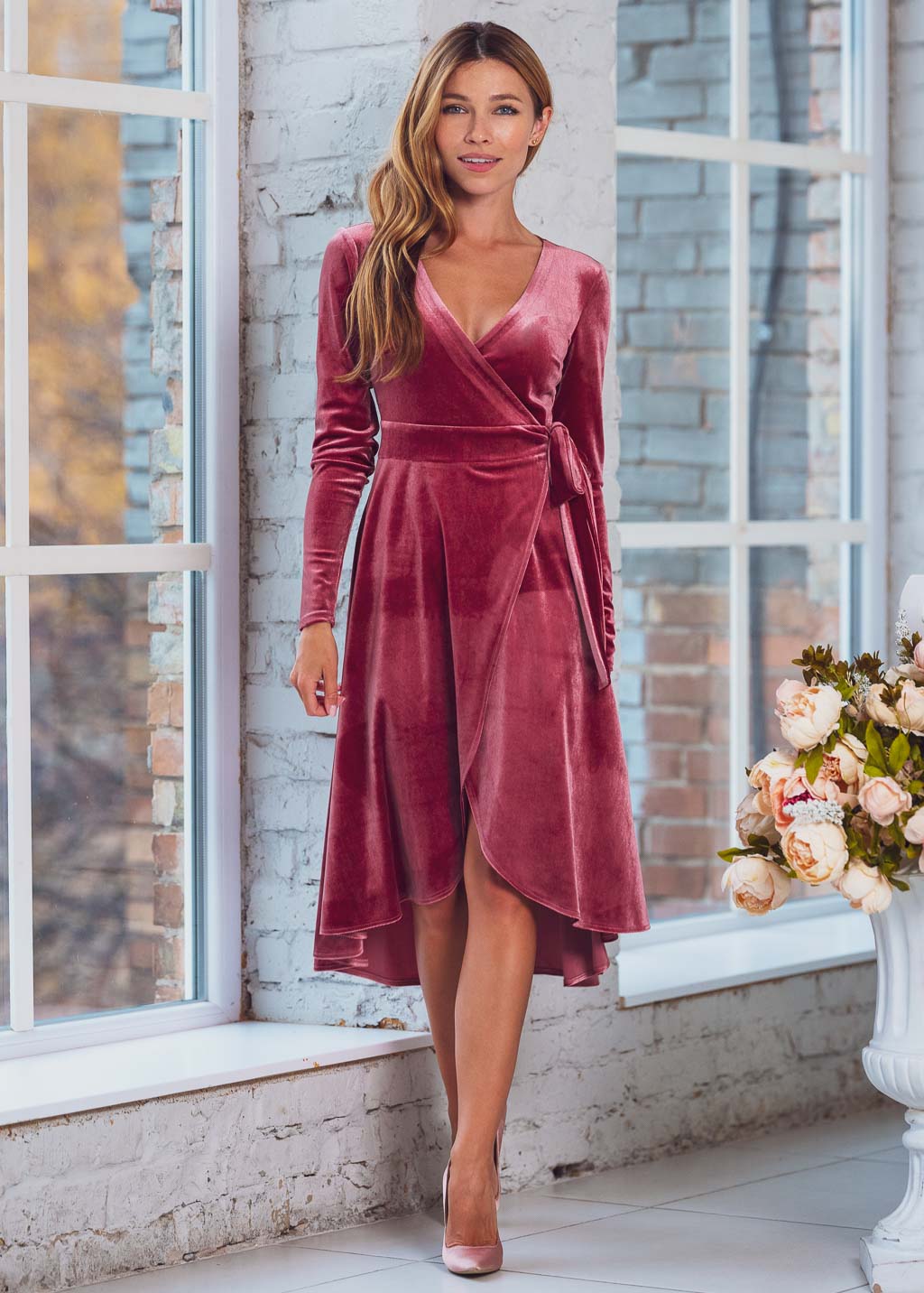 Dusty rose wrap velvet dress