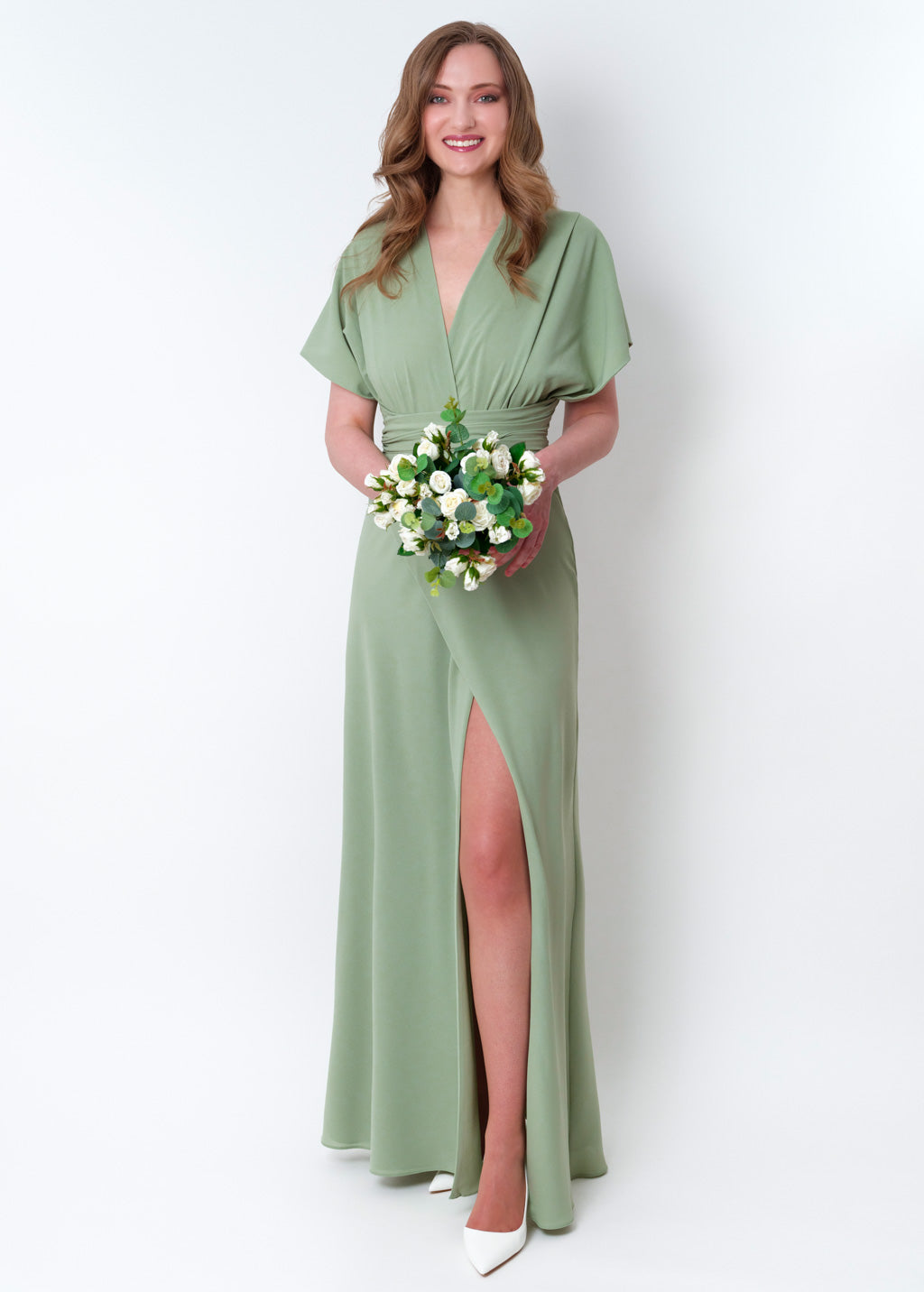 Sage green chiffon infinity slit dress