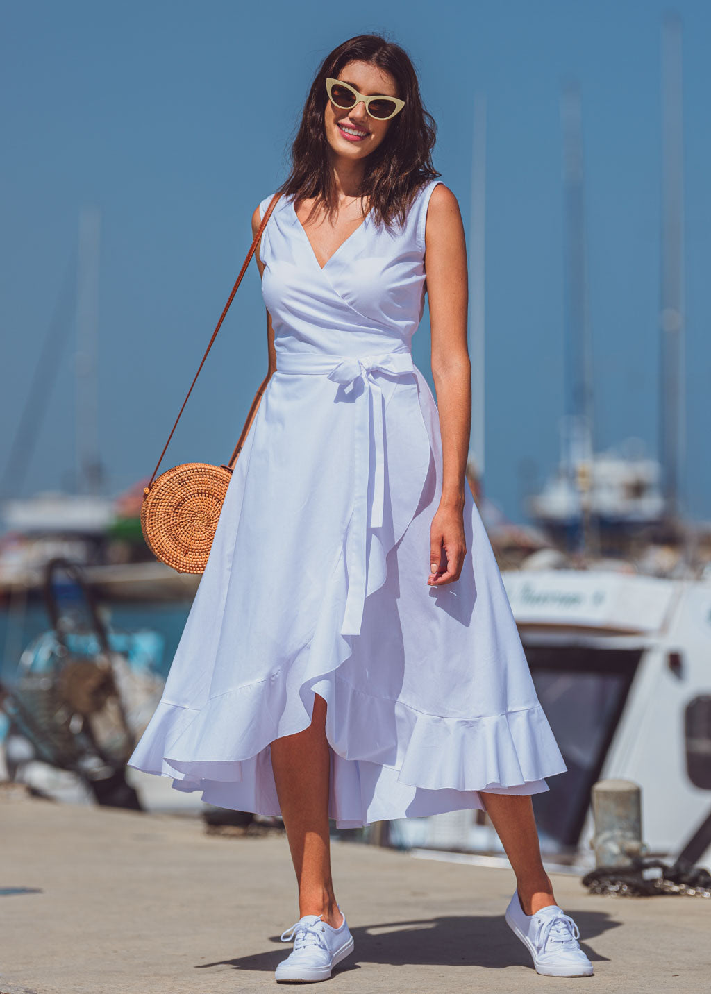White organic cotton midi wrap dress