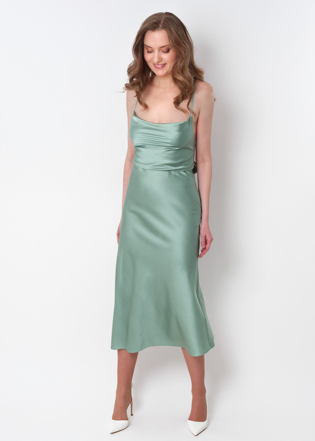 Sage green silk slip dress