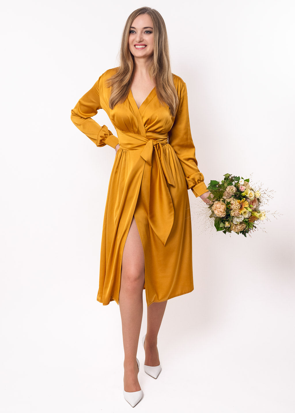 Gold wrap silk dress