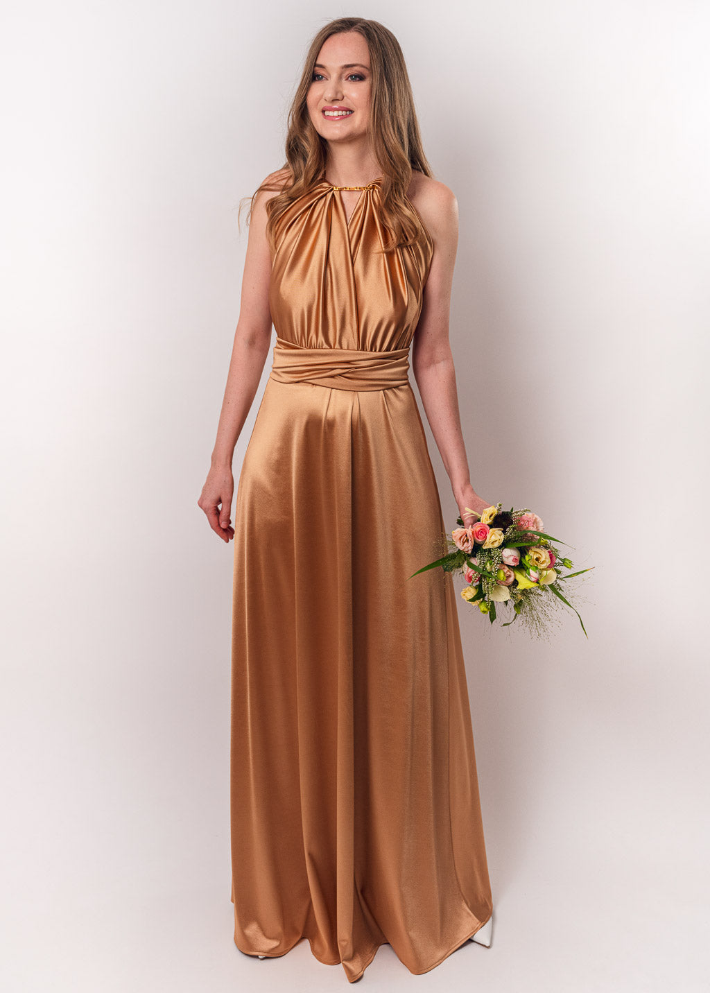 Gold luxury satin infinity dress or jumpsuit