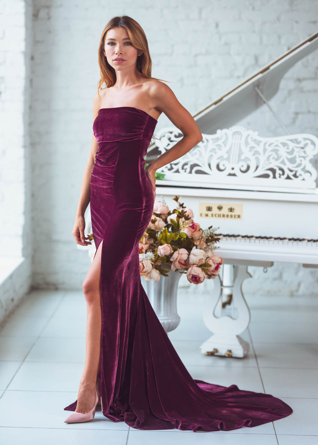 Plum burgundy maxi velvet mermaid train dress