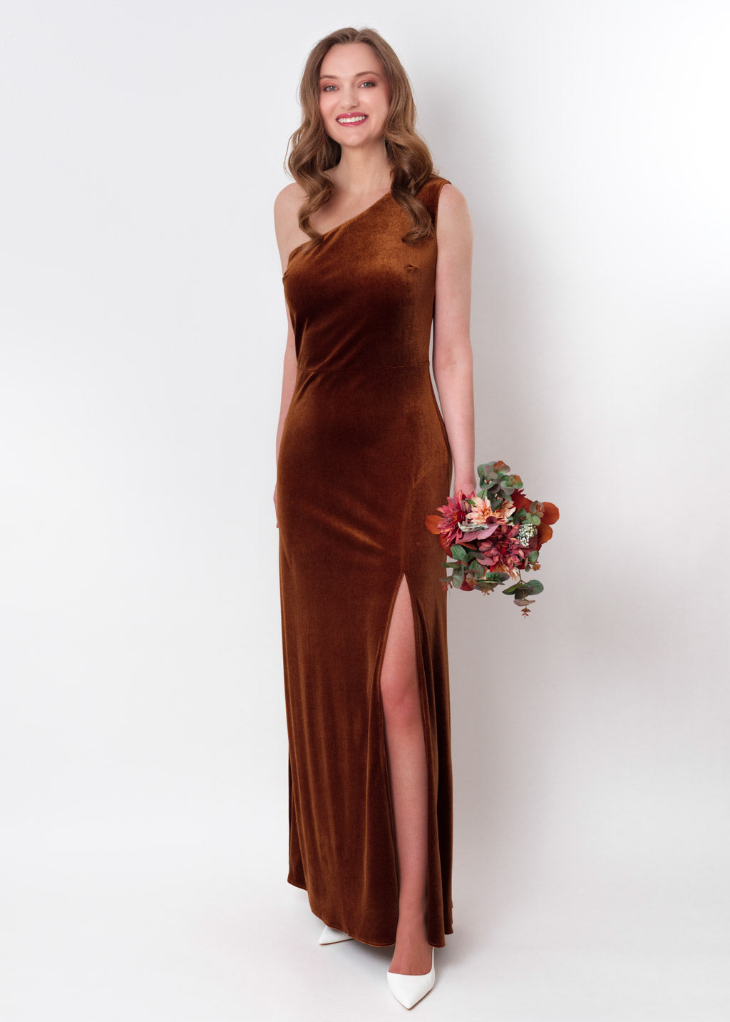 Rust gold velvet one shoulder slit dress