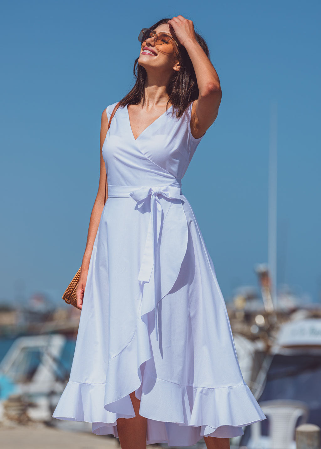 White organic cotton midi wrap dress