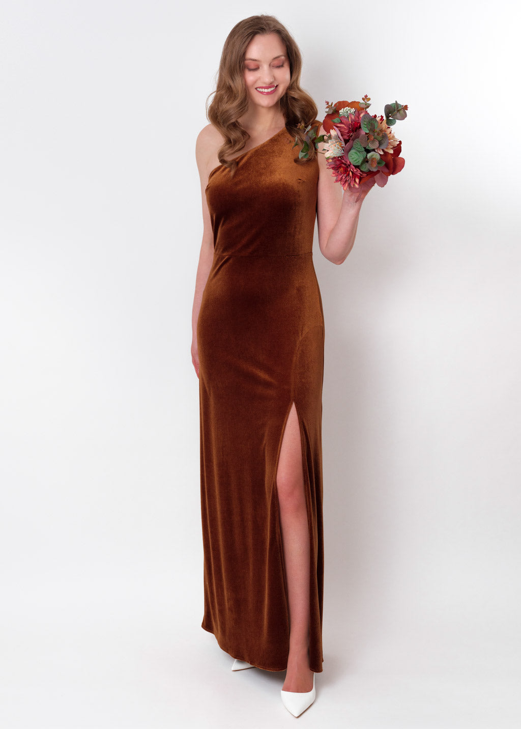 Rust gold velvet one shoulder slit dress