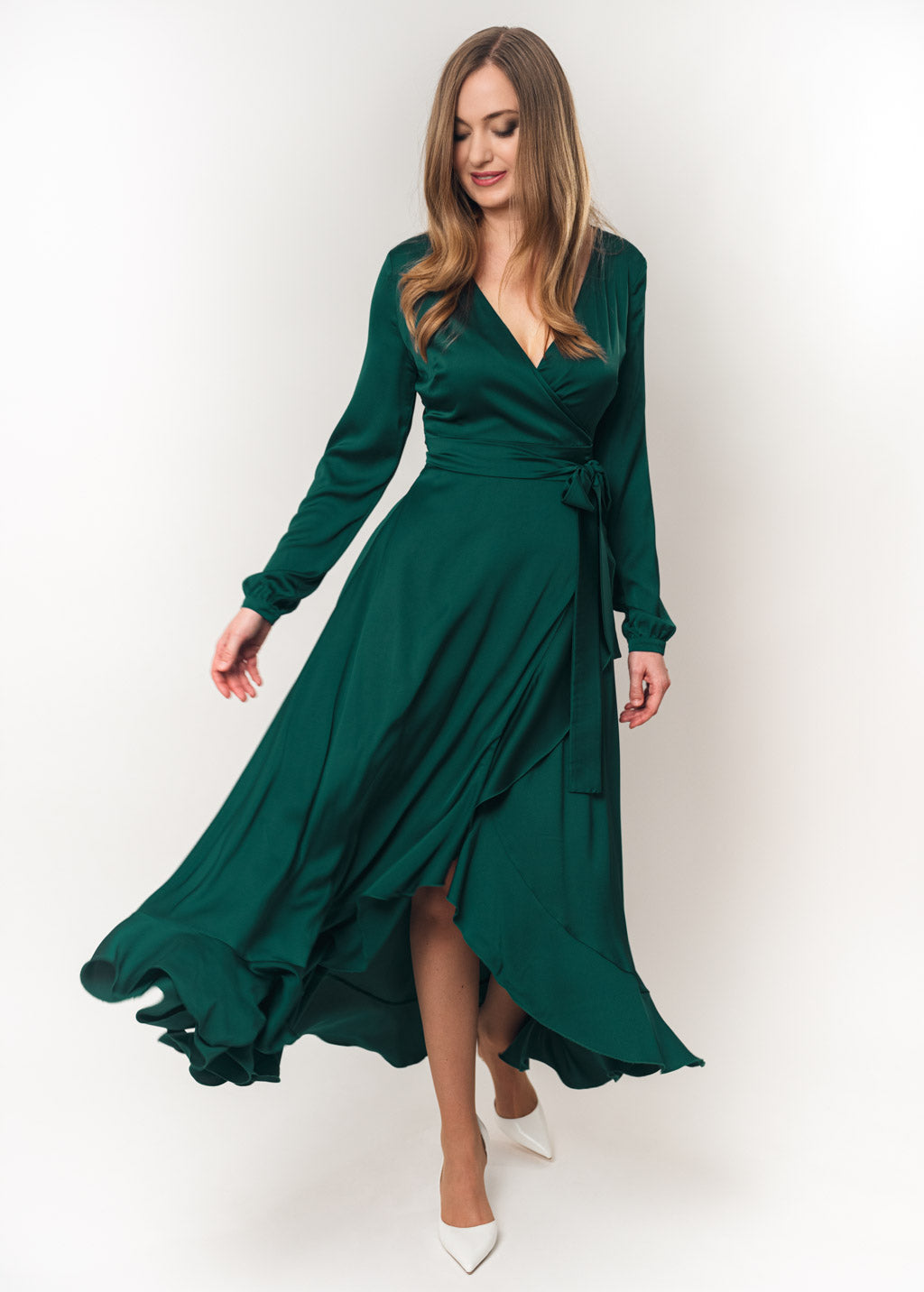 Dark green long wrap silk dress