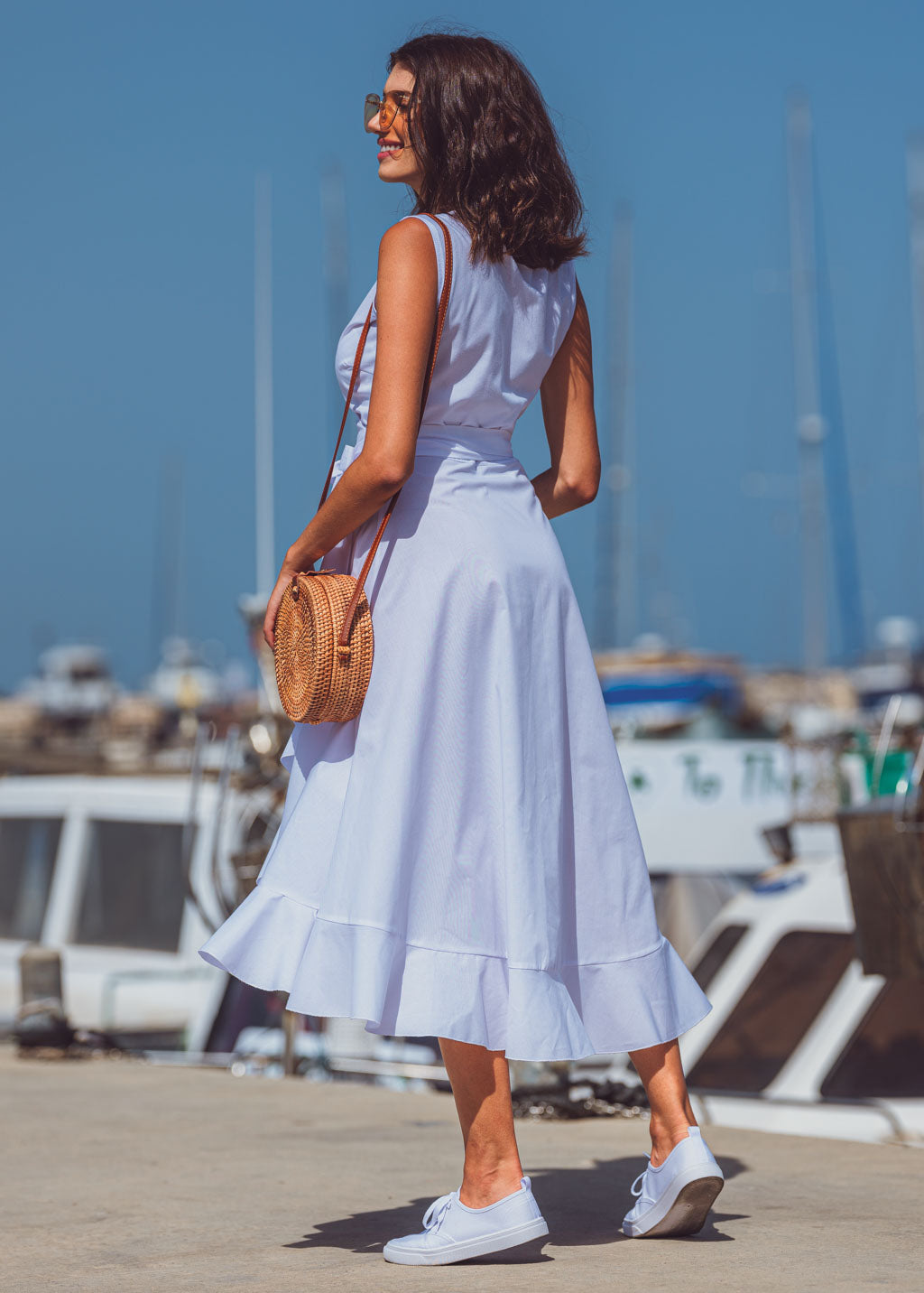 White organic cotton midi wrap dress