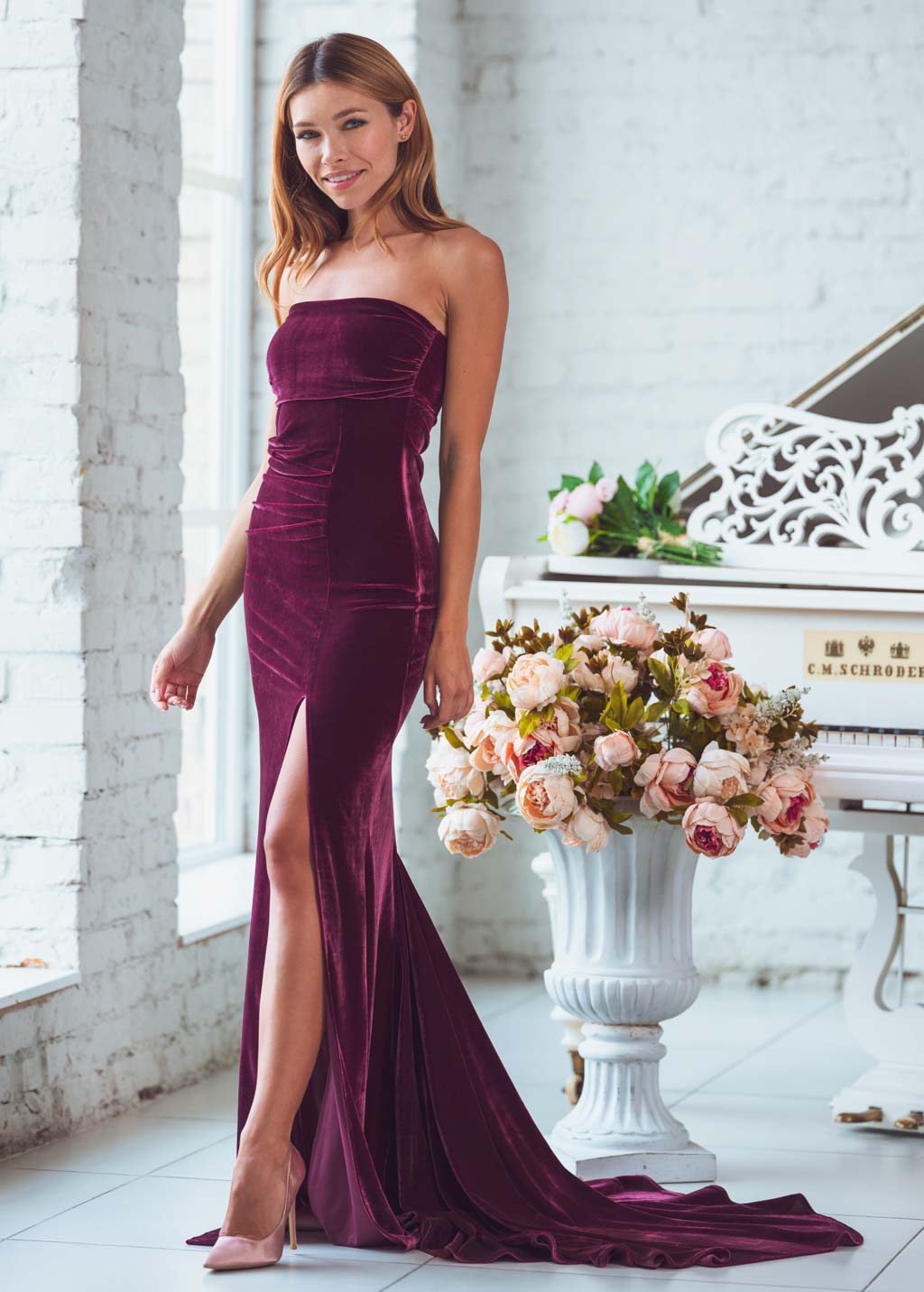 Plum burgundy maxi velvet mermaid train dress