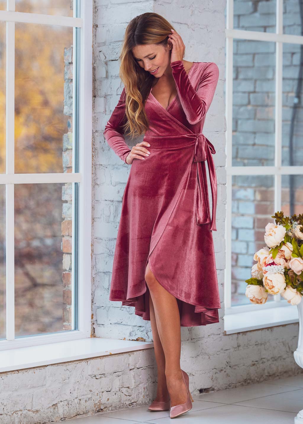 Dusty rose wrap velvet dress