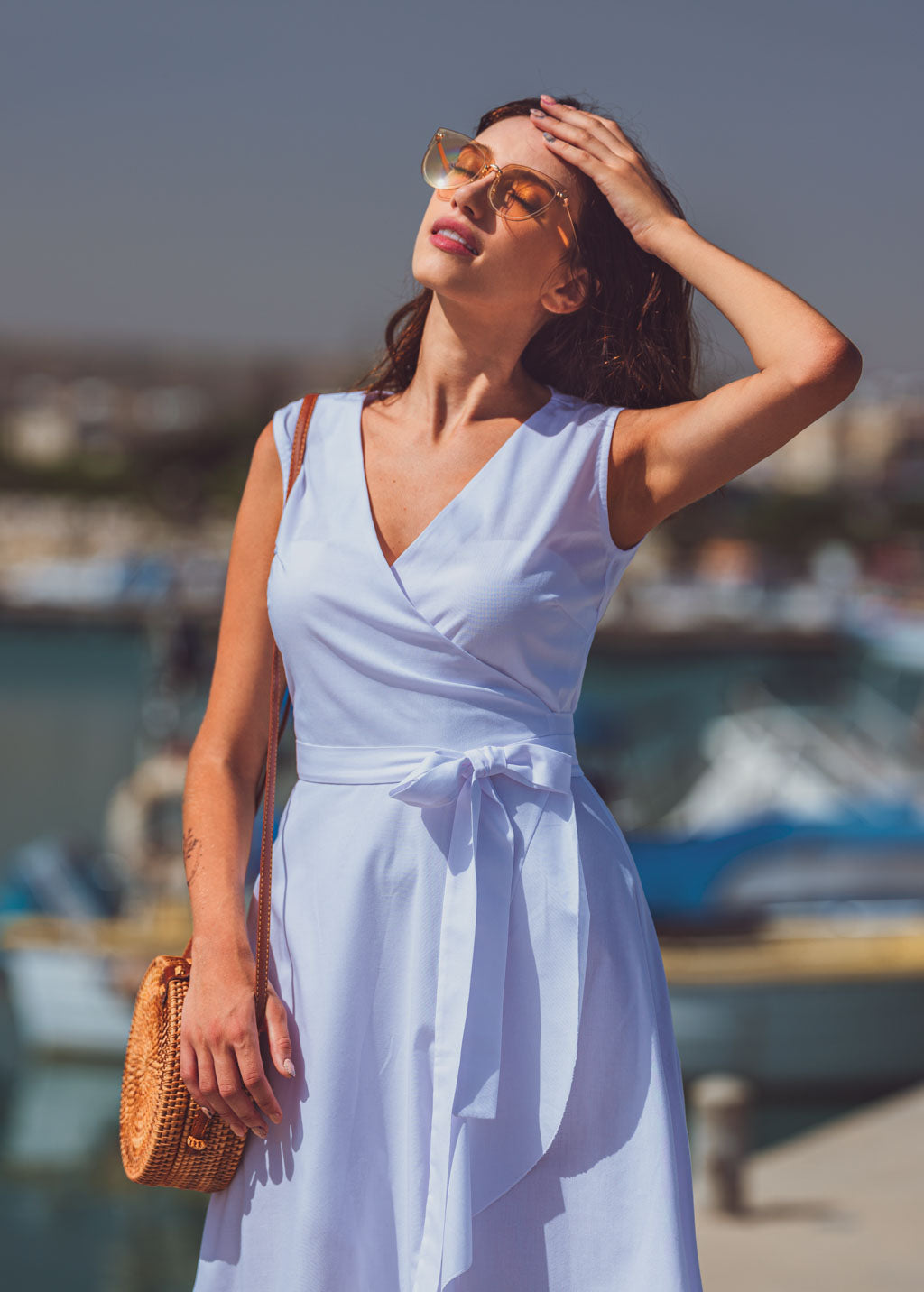 White organic cotton midi wrap dress