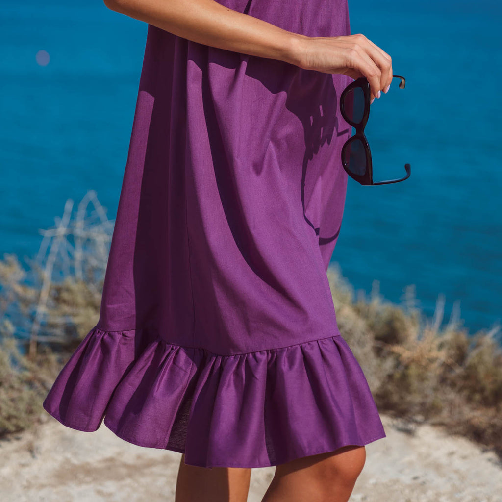 Purple organic linen off shoulder midi dress