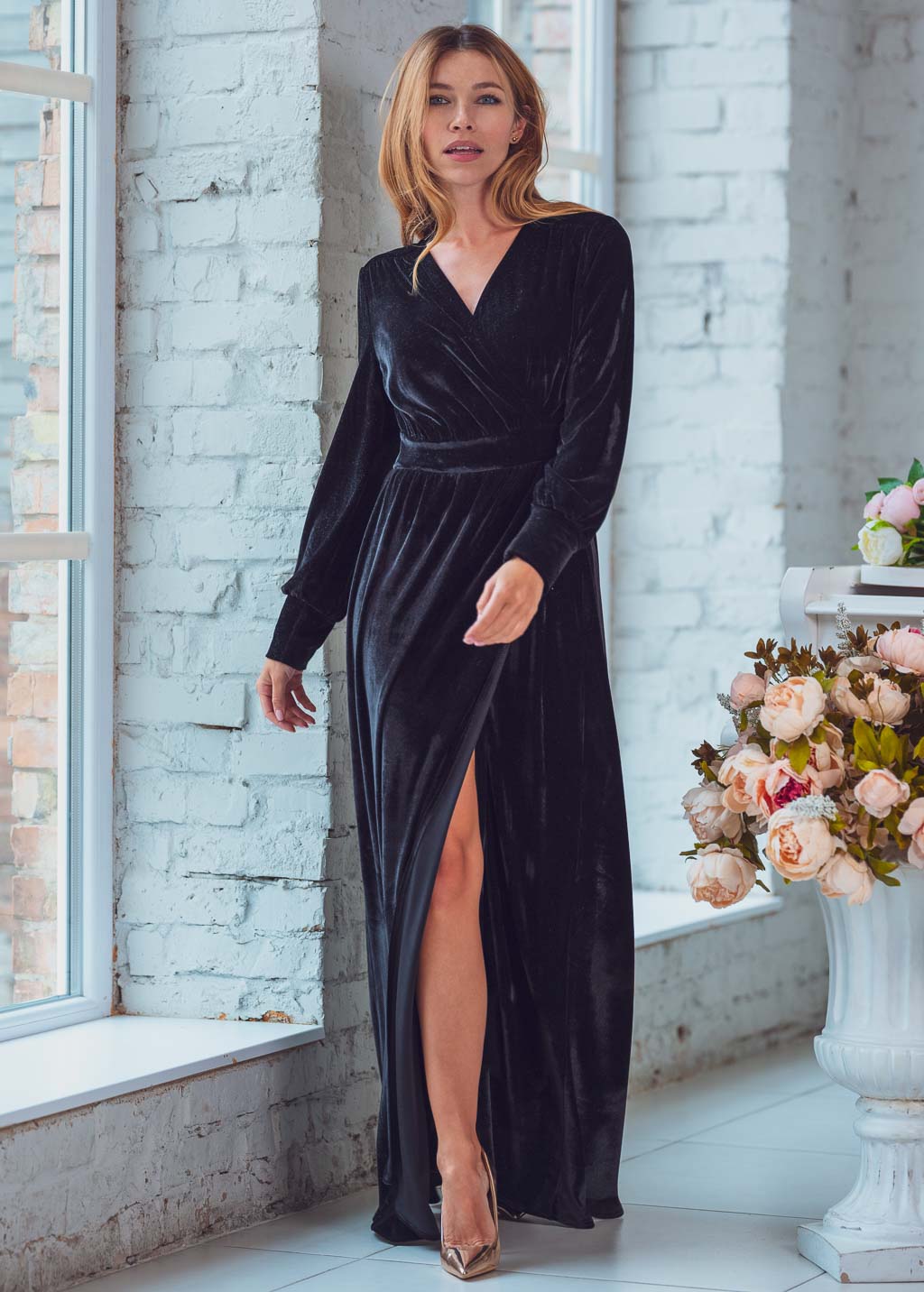 Black long wrap dress