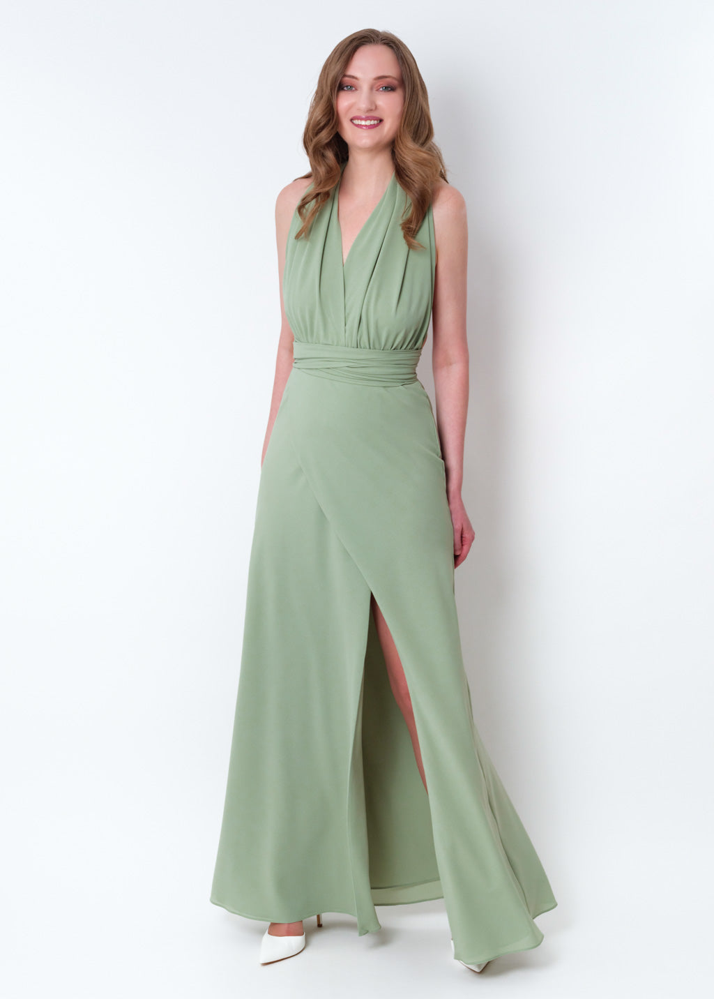 Sage green chiffon infinity slit dress