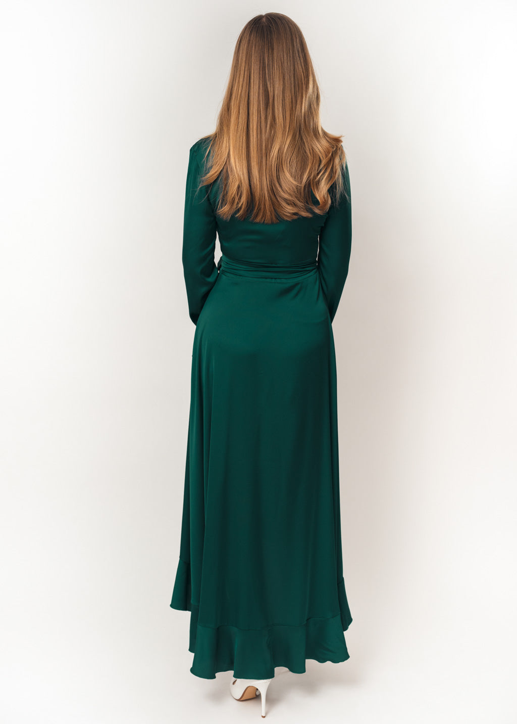 Dark green long wrap silk dress