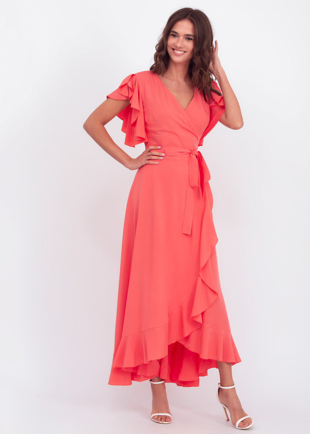 Coral red romantic wrap around dress