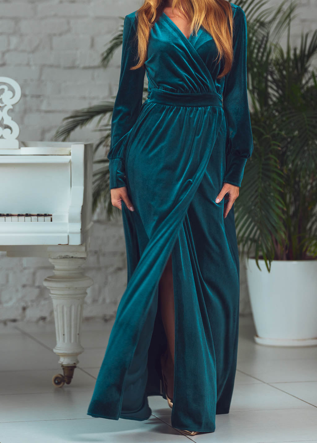 Teal green long wrap dress