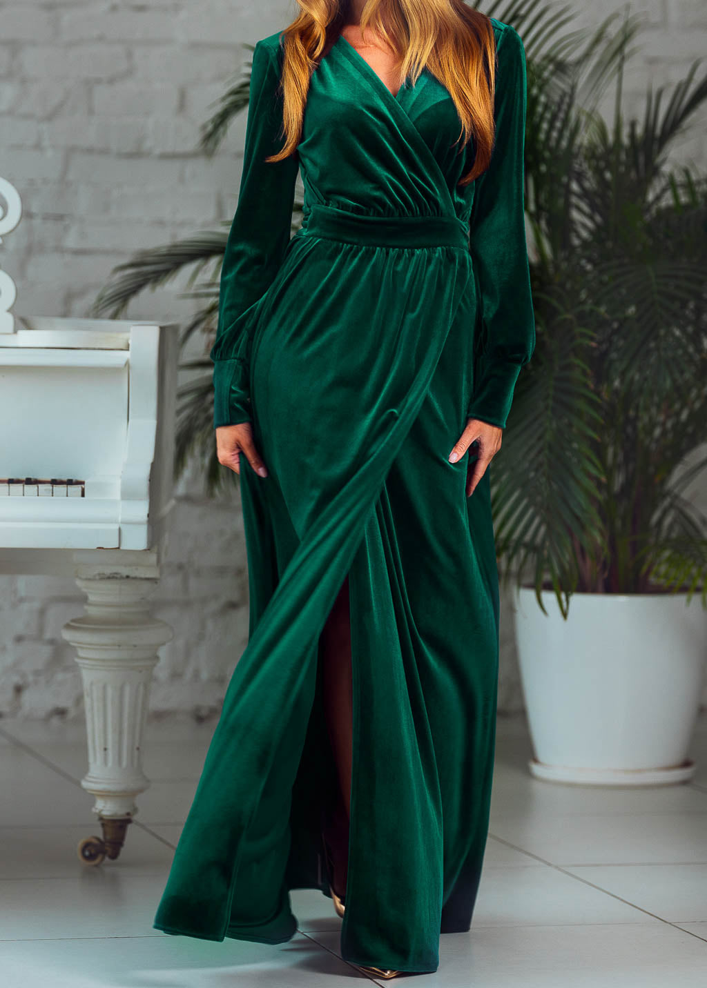 Emerald green long wrap dress