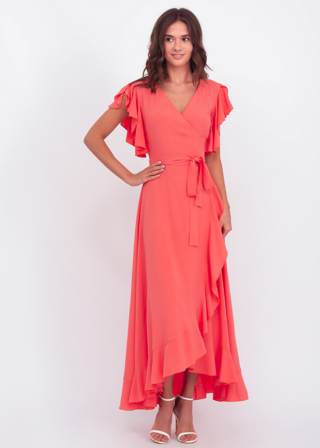 Coral red romantic wrap around dress